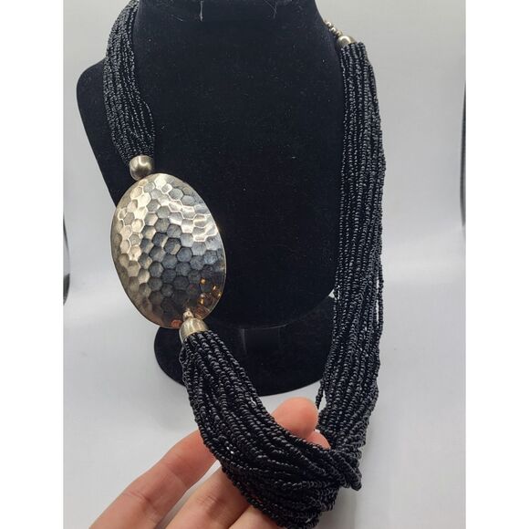 Vintage modernist black  multi strand necklace w/ hammered Bead 26in - Picture 2 of 5